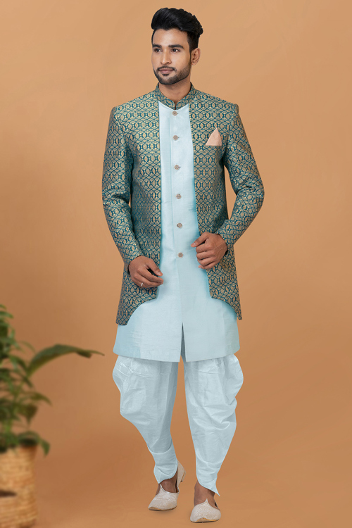 Light Blue Dupion Silk Jacket Style Weaved Zari Men's Sherwani 