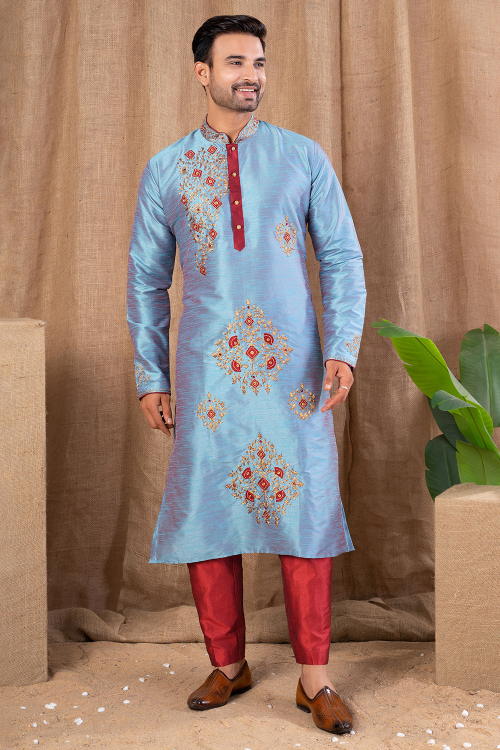 Light Blue Dupion Silk Men's Kurta Pajama With Zari Work