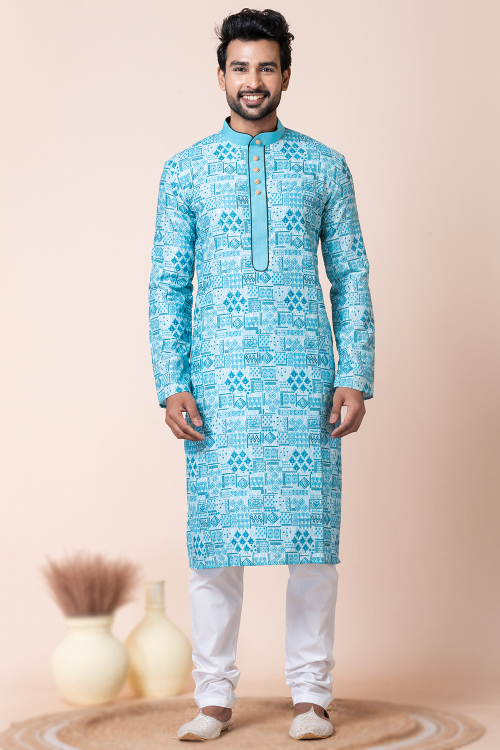Light Blue Embroidered Cotton Men's Straight Cut Kurta Churidar
