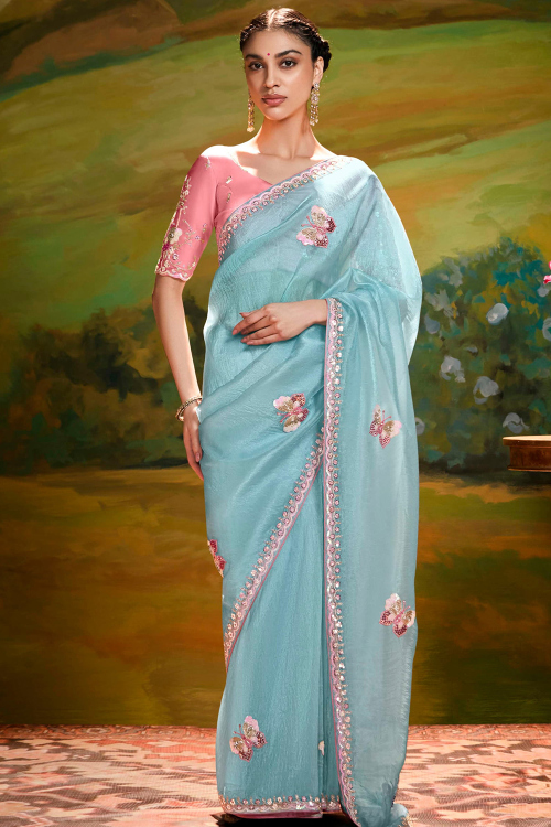Light Blue Embroidered Tissue Silk Shimmer Saree 