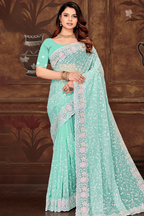 Light Blue Georgette Embroidered Saree For Festival 