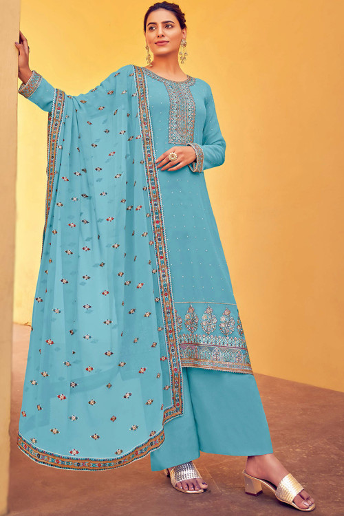 Georgette Light Blue Resham Embroidered Party Wear Trouser Suit