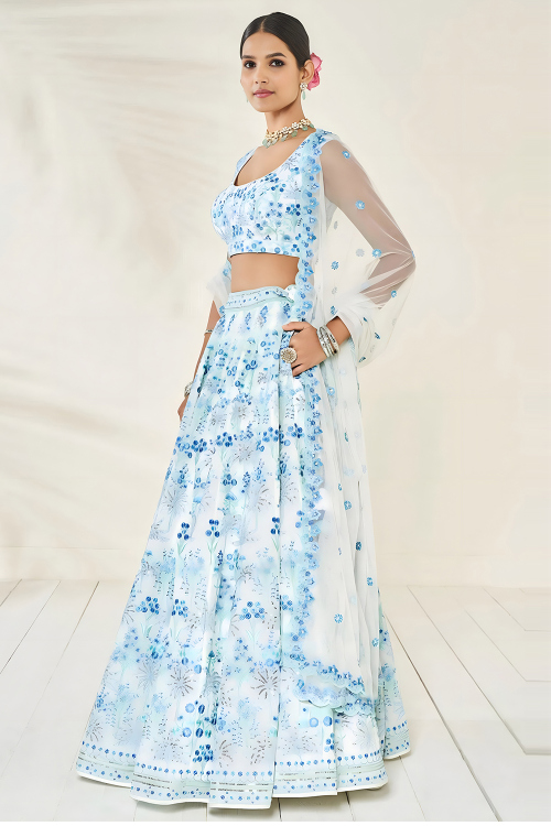 Light Blue Georgette Printed A Line Lehenga