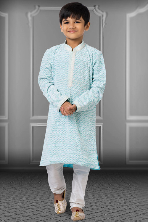 Light Blue Georgette Resham Thread Embroidered Boy's Kurta Churidar