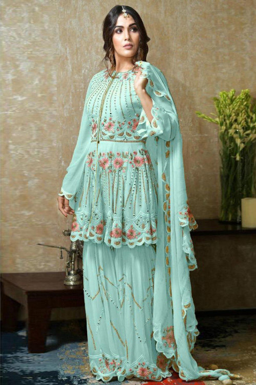 Buy Light Blue Georgette Sharara Suit With Mirror Work Online ...