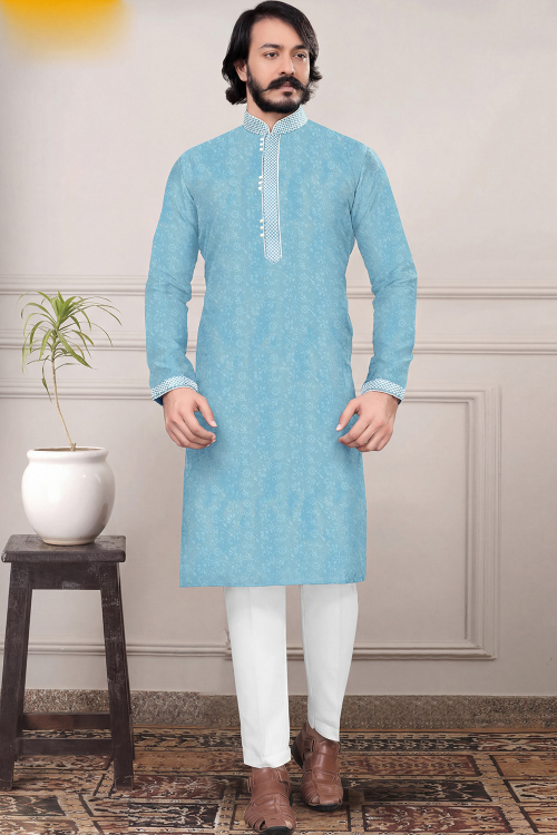 Light Blue Jacquard Men&#039;s Kurta Pajama With Weaved Work