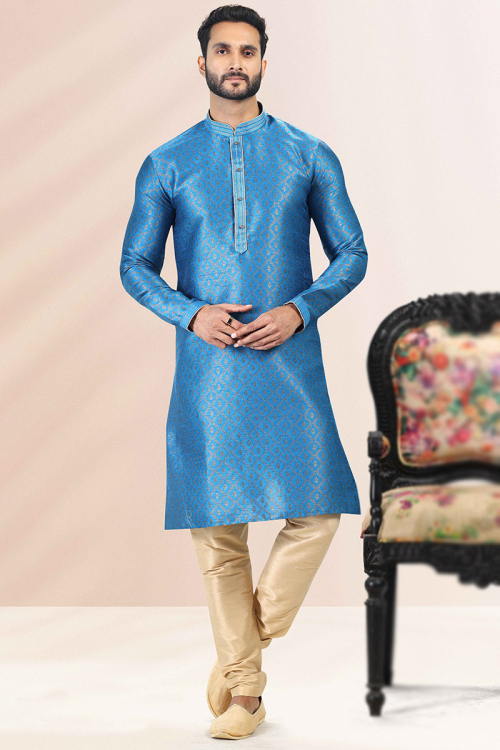 Light Blue Jacquard Silk Men's Churidar Kurta
