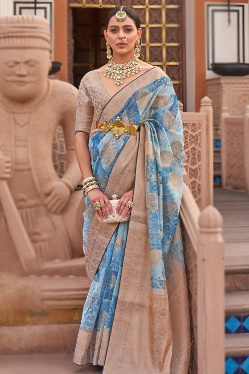 Light Blue Kora Silk Printed Broad Border Saree 