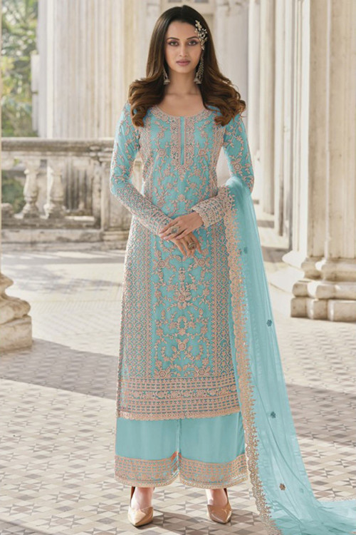 Light Blue Net Embroidered Palazzo Suit for Eid