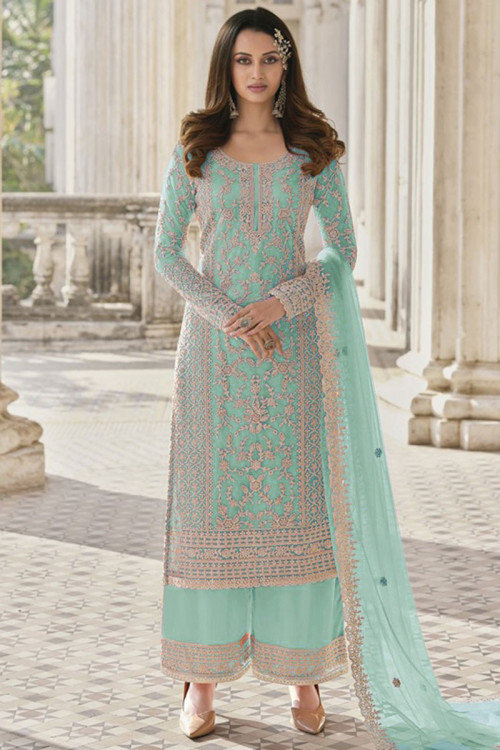 Mint Blue Organza Embroidered Palazzo Suit for Eid