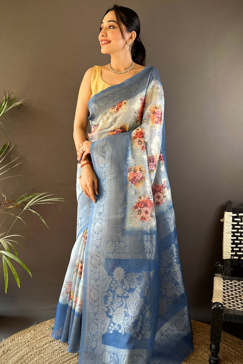 Light Blue Organza Printed Saree For Festival 