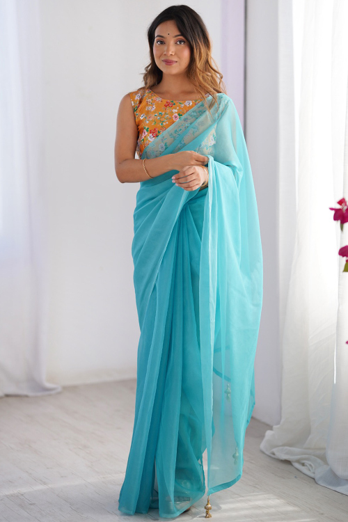 Light Blue Organza Saree With Floral Print Blouse For Casual Wear