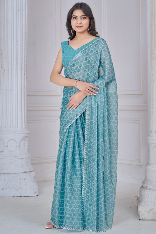 Light Blue Organza Saree With Printed Work For Festival