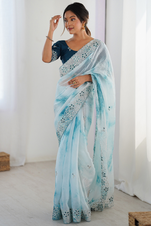 Light Blue Organza Saree With Printed Work For Festival