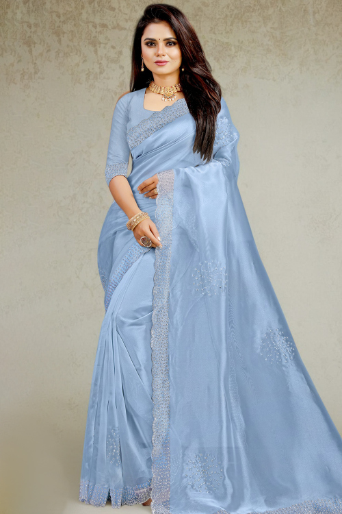 Light Blue Organza Saree With Stone Work For Diwali