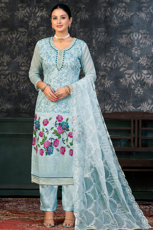 Light Blue Printed Chanderi Silk Straight Cut Trouser Suit 