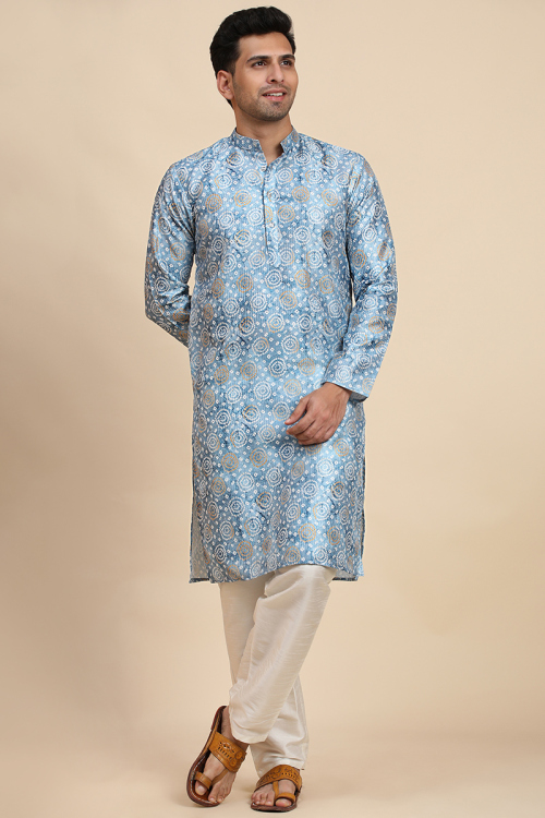Light Blue Printed Straight Cut Men's Kurta Pajama 