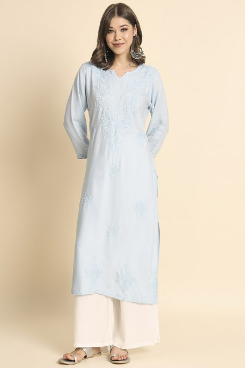 Light Blue Rayon Embroidered Ready to Wear Straight Cut Casual Wear Kurti