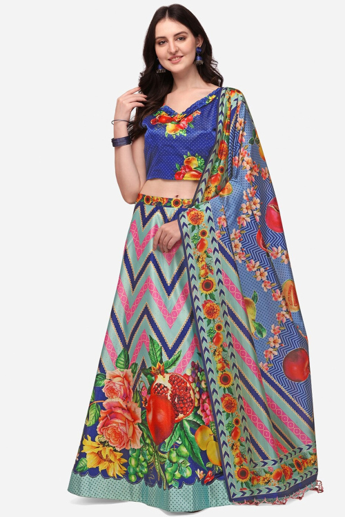 Light Blue Satin Printed A Line Lehenga 
