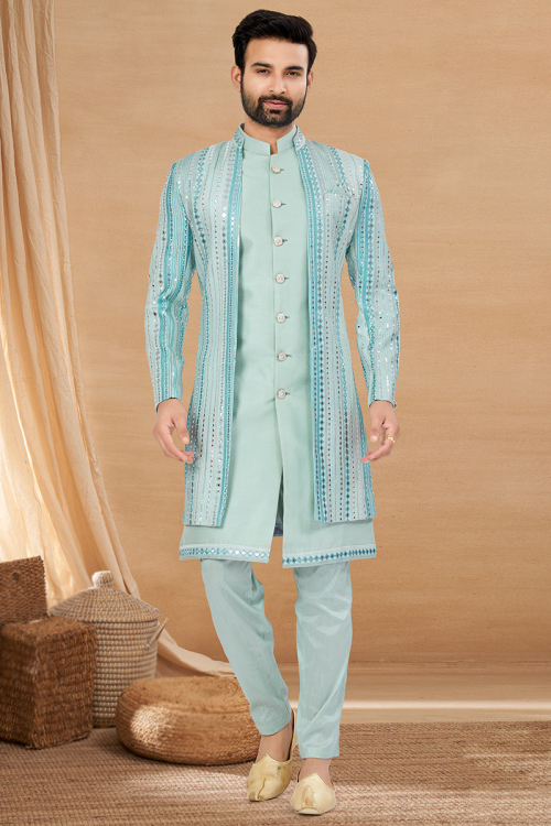 Light Blue Silk Men's Sherwani With Embroidered Jacket 
