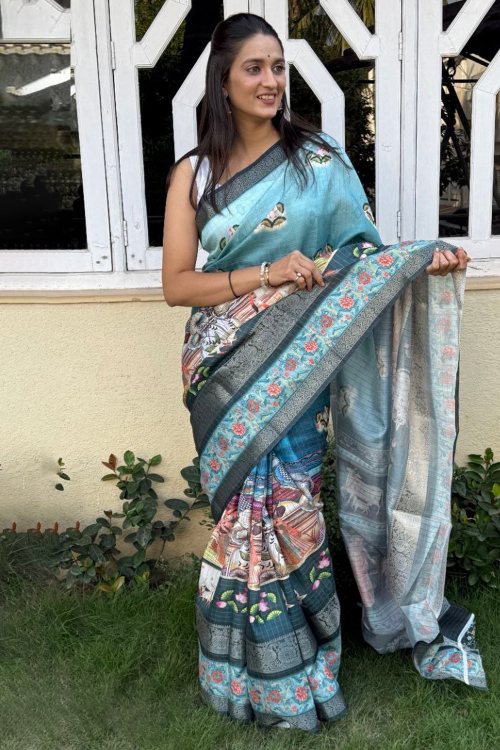 Light Blue Silk Saree with U Neck Sleeveless Blouse in Plain with Zari