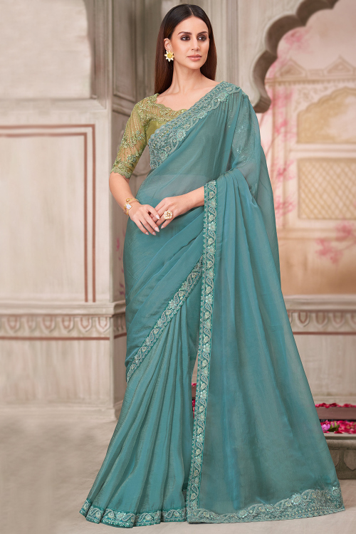 Light Blue Tissue Embroidered Festival Wear Saree
