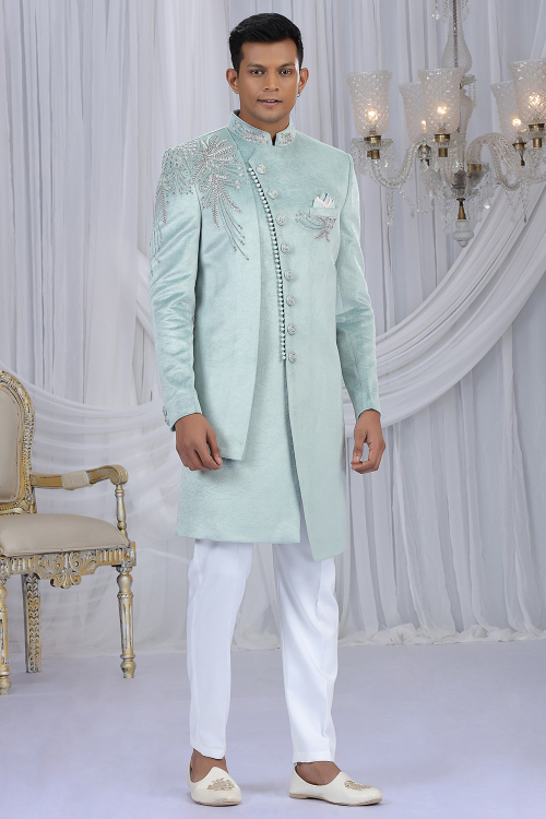 Light Blue Velvet Beads Embroidered Men's Sherwani