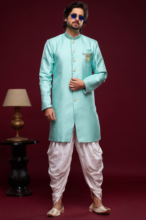 Light Blue Weaved Thread Jacquard Men's Sherwani
