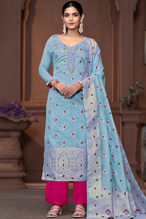 Light Blue Weaved Zari Chanderi Silk Casual Wear Palazzo Suit