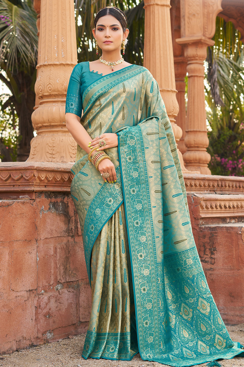 Light Blue Silk Saree with Sweetheart Neck Half Sleeve Zari Blouse