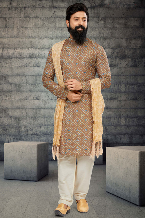 Light Brown Bandhej Print Cotton Silk Men's Sherwani 