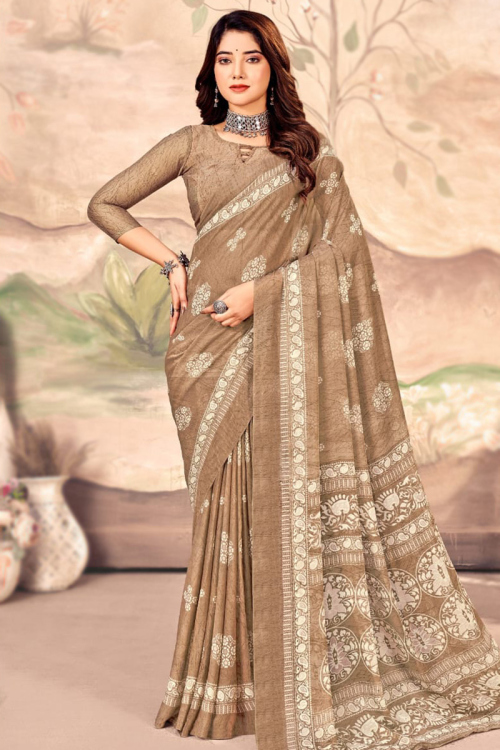 Light Brown Chiffon Printed Casual Wear Saree