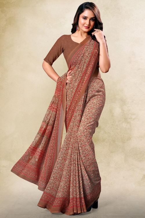 Light Brown Chiffon Printed Saree For Casual Wear