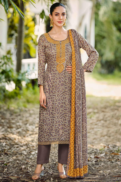 Light Brown Cotton Bandhej Print Straight Cut Trouser Suit