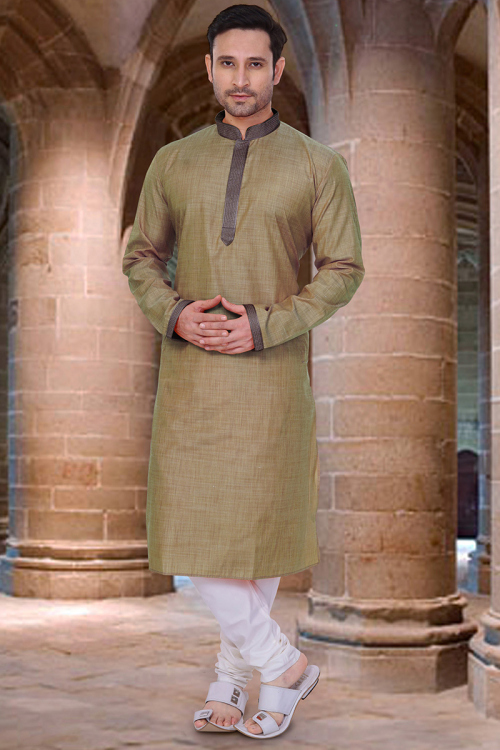 Light Brown Cotton Embroidered Men's Straight Cut Kurta Churidar 