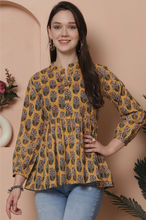 Light Brown Cotton Frock Style Kurti With Printed Work