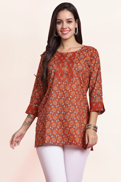 Light Brown Cotton Kurti with printed Work for New Year