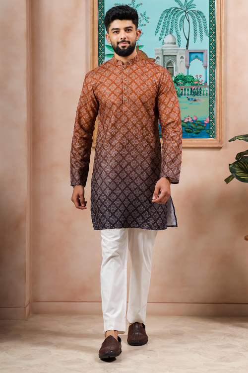Light Brown Cotton Men's Kurta Pajama With Printed Work