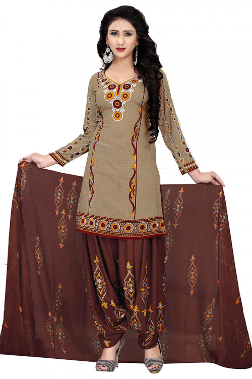 Light Brown Cotton Printed Straight Cut Patiala Suit