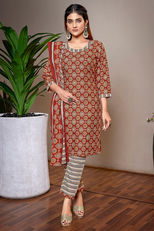 Light Brown Cotton Ready Made Trouser Suit with Printed and Lace Detailing