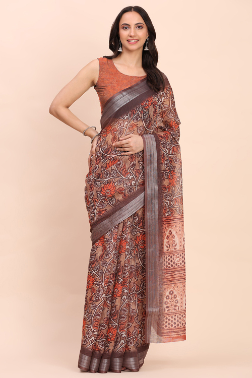 Light Brown Cotton Saree With Printed Work For Casual Wear