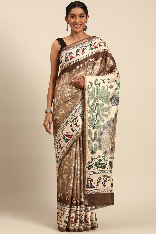 Light Brown Cotton Warli Printed Casual Wear Saree