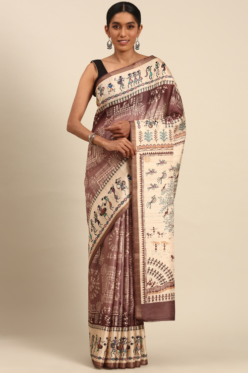 Light Brown Cotton Warli Printed Casual Wear Saree