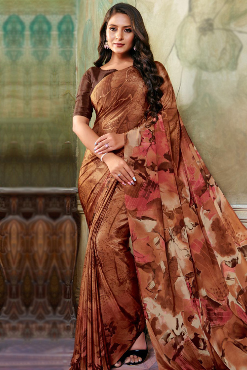 Light Brown Crepe Saree With Printed Work For Casual Wear
