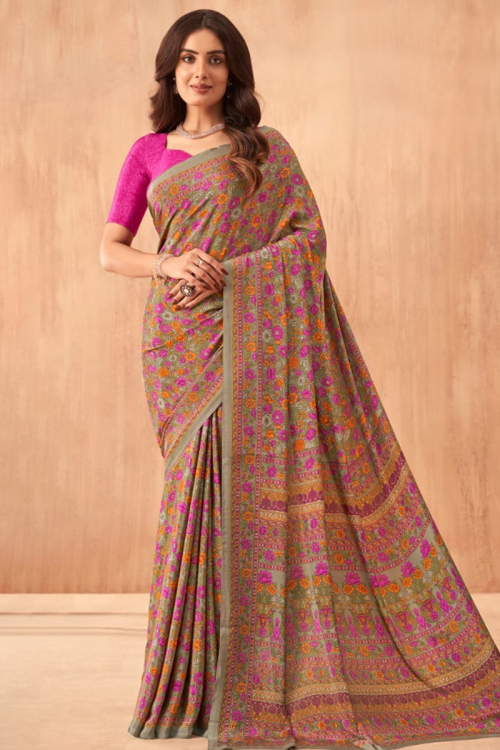 Light Brown Crepe Silk Printed Floral Saree