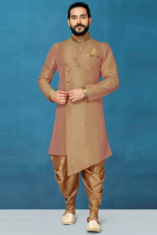 Light Brown Dupion Silk Sherwani with Zari Embroidered Collar