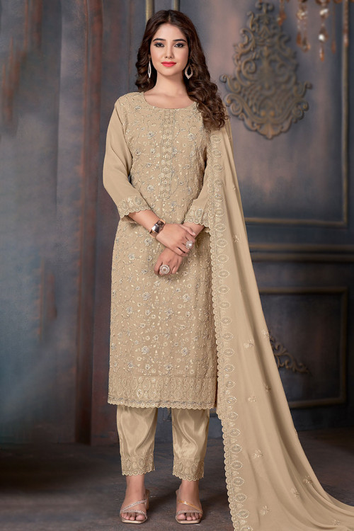 Light Brown Georgette Embroidered Trouser Suit For Sangeet