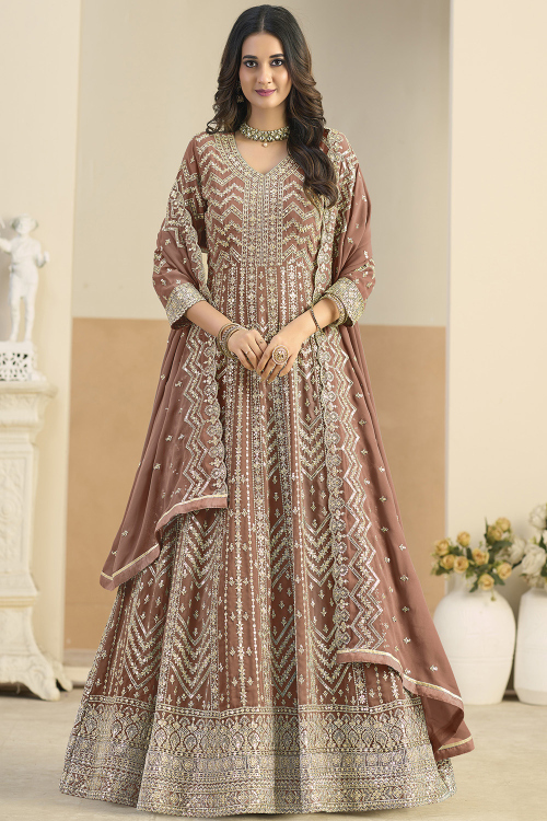 Buy Anarkali Style Brown Muslim Wedding Clothing Online for Women in USA