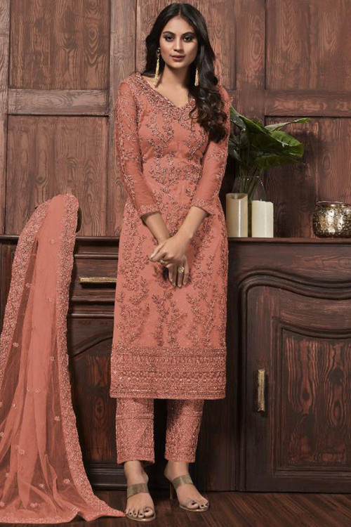 Light Brown Net Embroidered Trouser Suit