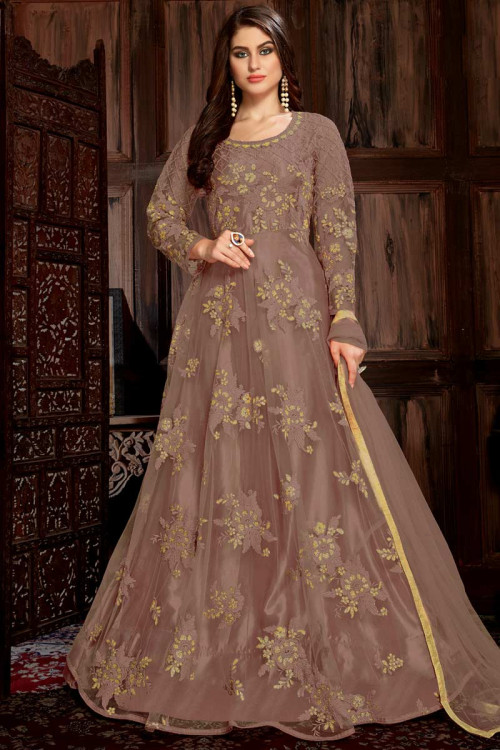 Light Brown Organza Embroidered Anarkali Suit